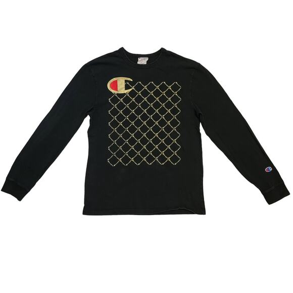 Champion Tshirt Mens Sz M Black Gold Chain Tee Long Sleeve Crew Logo Heritage‎ - Picture 1 of 9